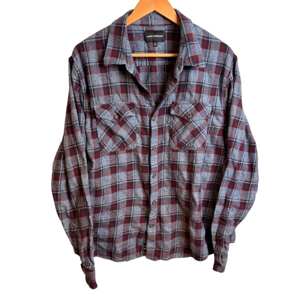 Lucky Brand Mens Flannel Shirt XL‎ Plaid Blue Burgundy Casual Lumberjack Rugged